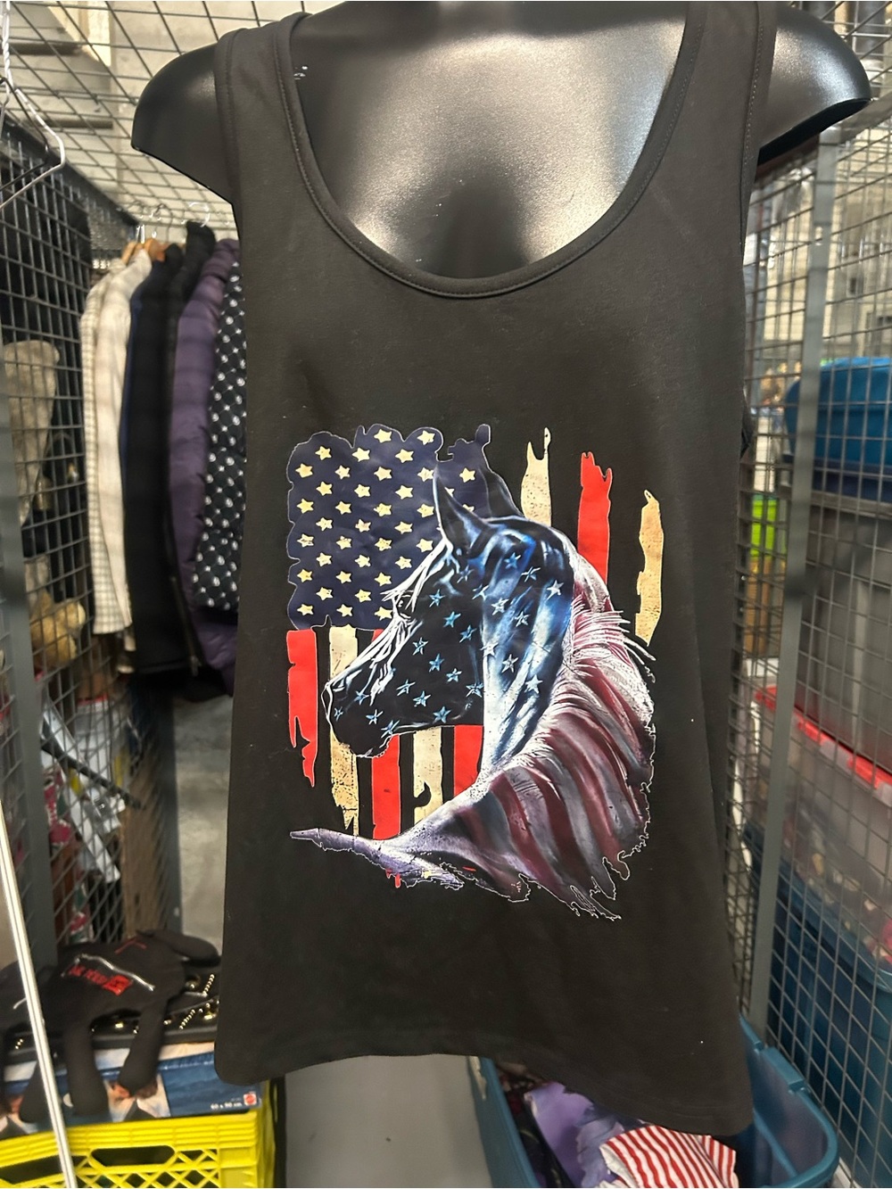 Brand new Black LUX BLK Tank with American Flag Horse heat transfer Graphic XL
